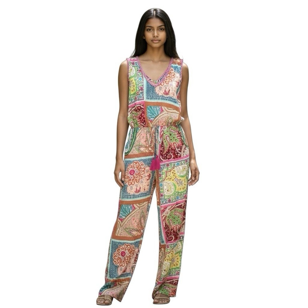Naudic Patchwork Jumpsuit Womens Medium Boho Colorful Lace‎ Beach Hippie Peasant